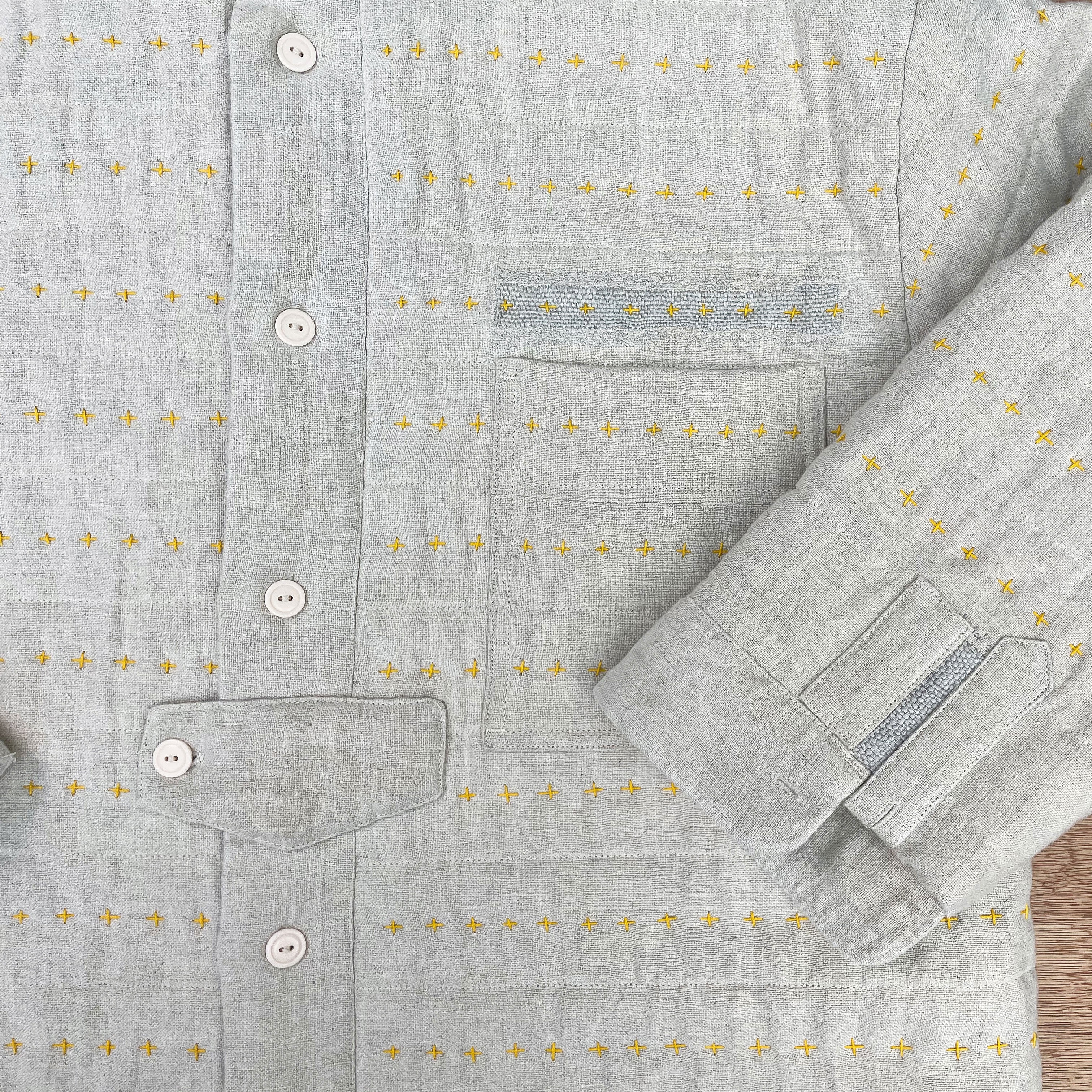Recut Room Repurposed Linen Hand Quilted Jacket with visible mending
