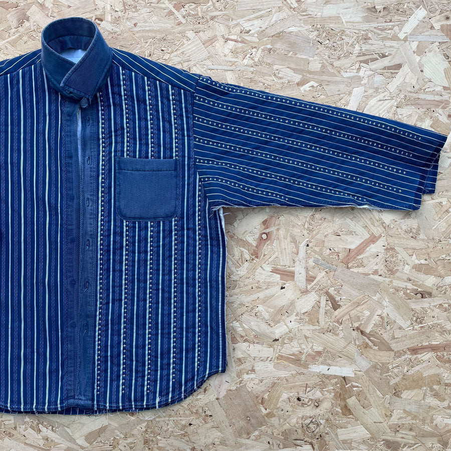 Recut Room Repurposed Blue Striped Shirt with vertical Hand quilted cross stitching