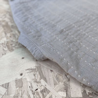 Recut Room Repurposed Hand Quilted Oyster Grey Linen Jacket with an all over hand quilted cross stitch in an off white embroidery thread