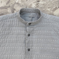 Recut Room Repurposed Hand Quilted Oyster Grey Linen Jacket with an all over hand quilted cross stitch in an off white embroidery thread