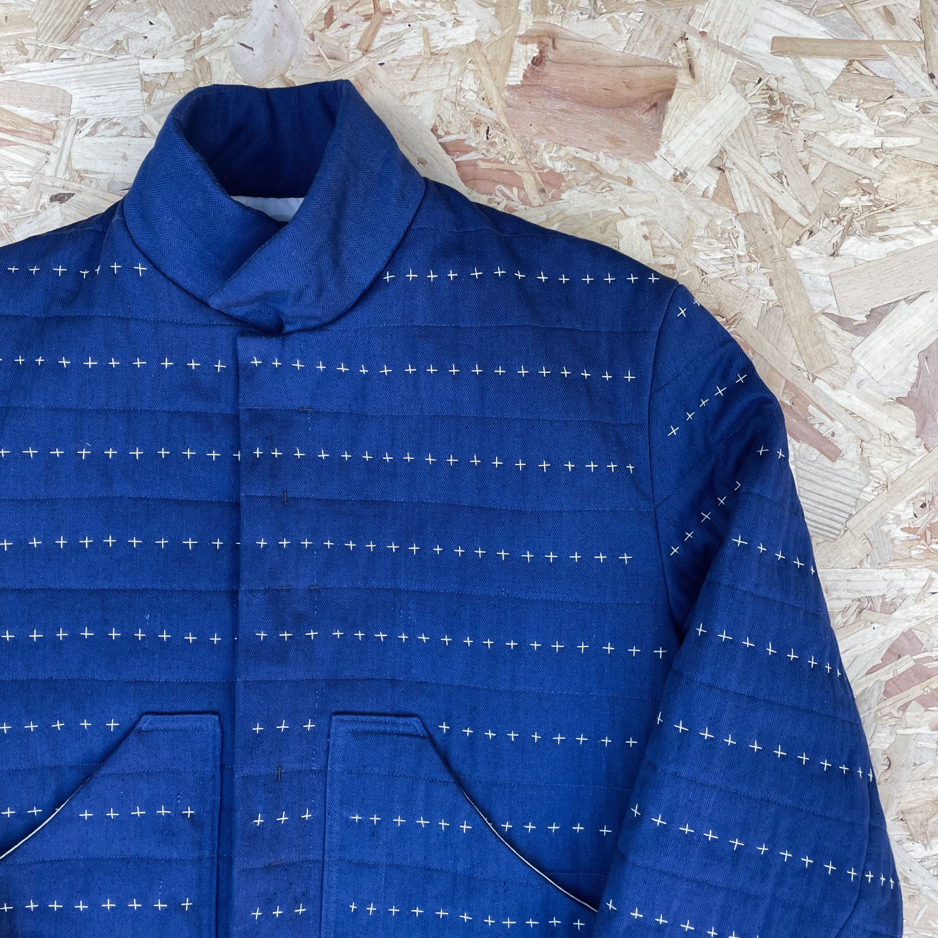 Recut Room Hand Quilted Repurposed Deep Blue Boiler Suit Jacket With Patch Pockets