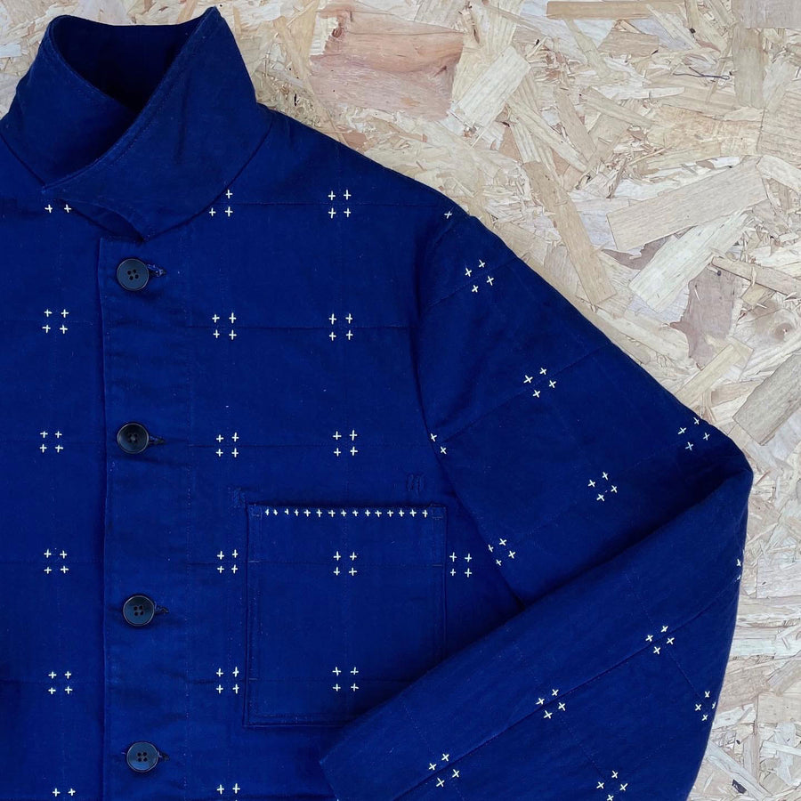 Recut Room Repurposed Indigo Hand Quilted Chore Jacket - Front details