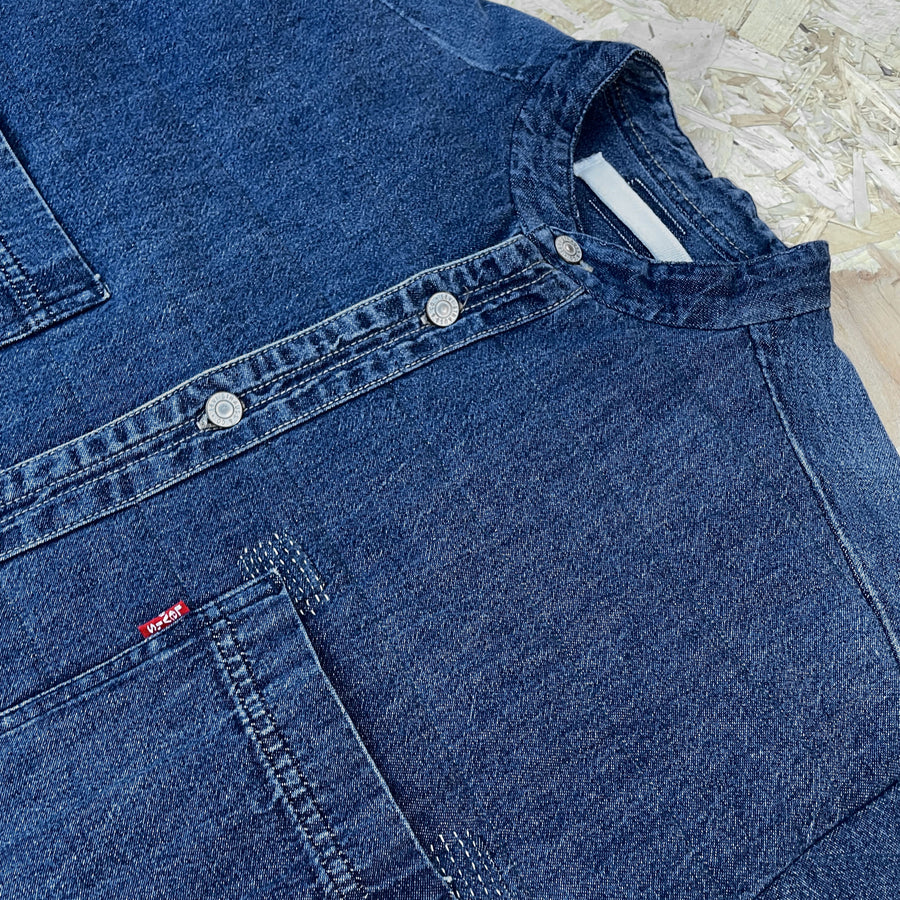 Repurposed vintage Blue Levis denim shirt with 2 chest patch pockets - visible mending in a contrast stitch details