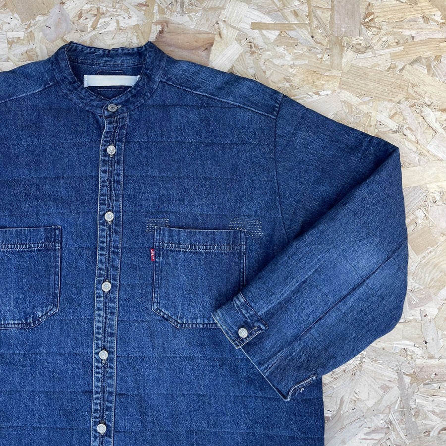 Repurposed vintage Levis denim shirt with 2 chest patch pockets and visible mending - pocket detail