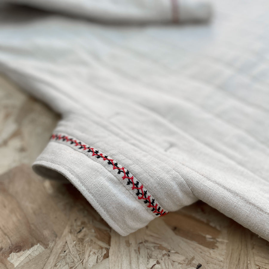 Repurposed Vintage Linen Shirt With Embroidered Panels Repurposed from a Vintage Tablecloth - Collar Detail