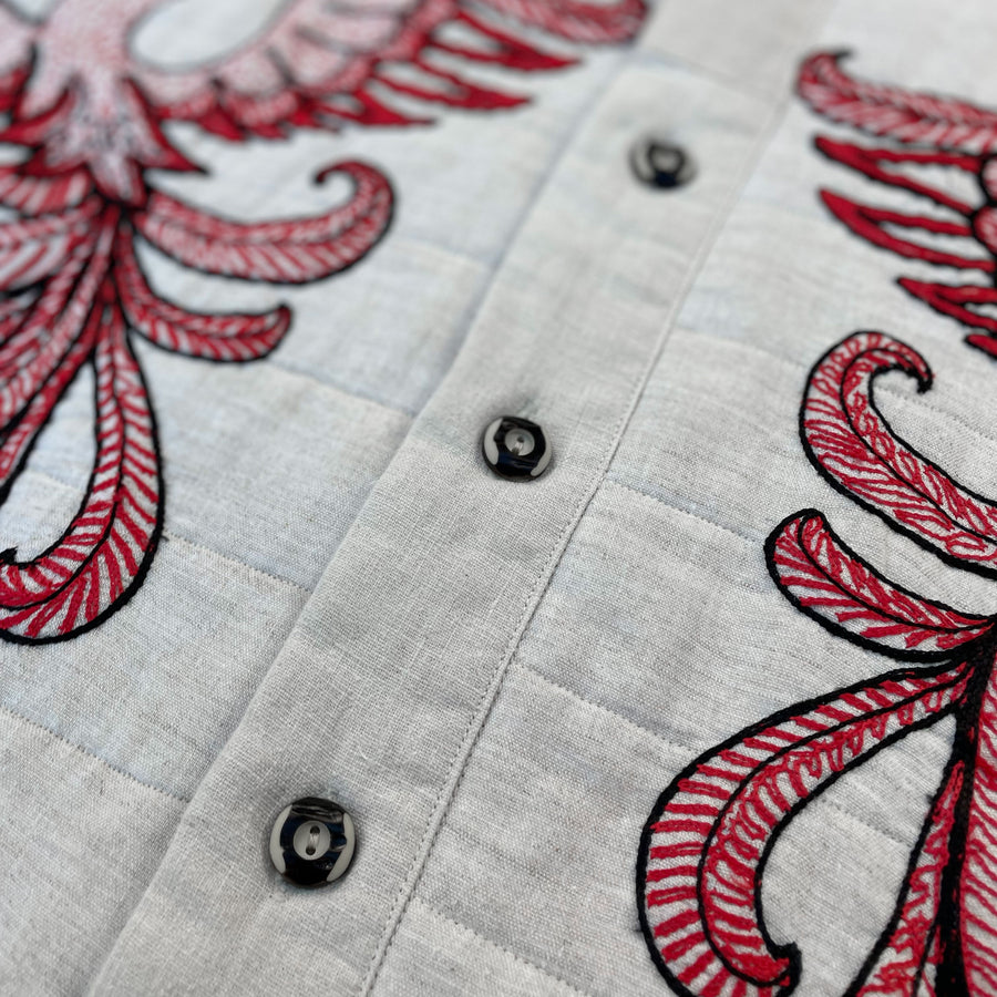 Repurposed Vintage Linen Shirt With Embroidered Panels Repurposed from a Vintage Tablecloth - Button Detail