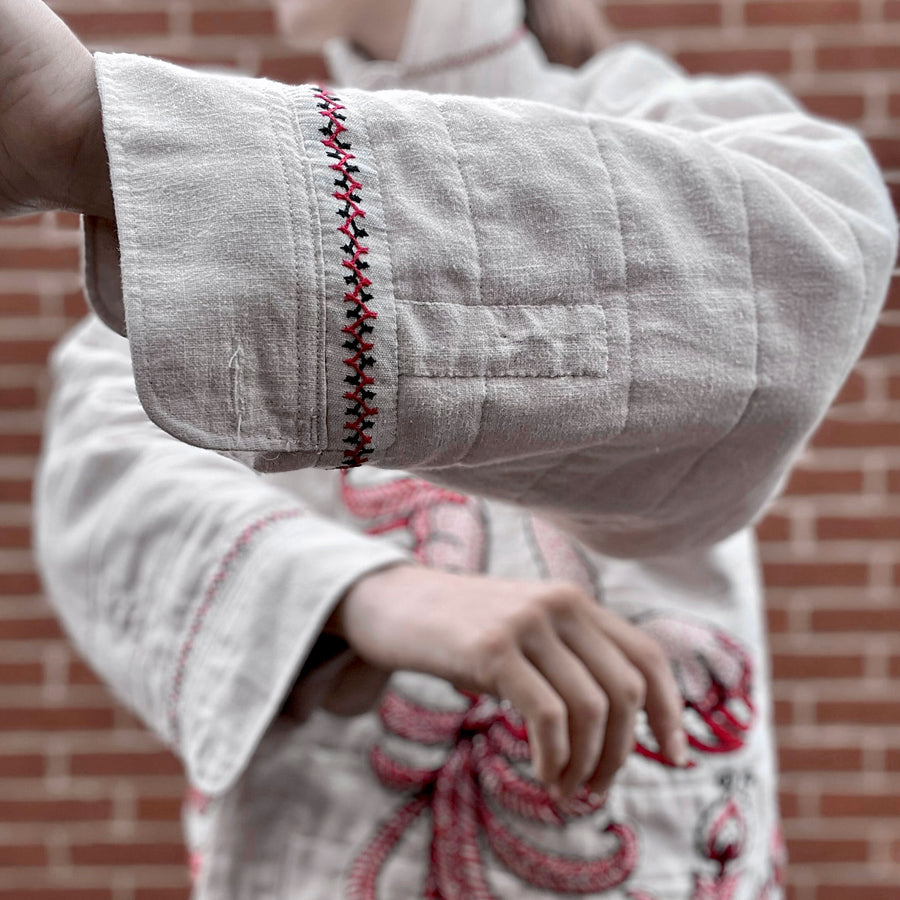 Recut Room by Laura Gostling. Repurposed Vintage Linen Shirt With Embroidered Panels Repurposed from a Vintage Tablecloth