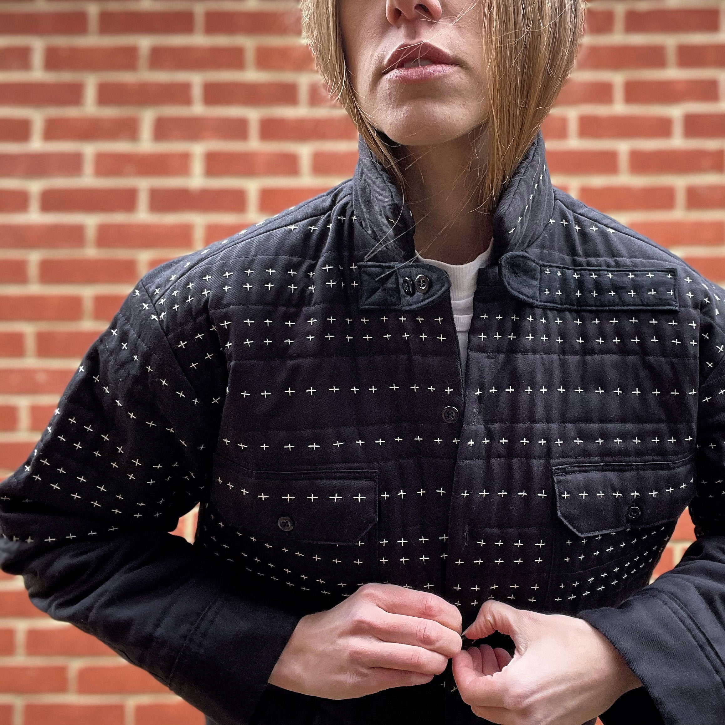 Repurposed Dickies workwear hand quilted jacket with vintage linen lining