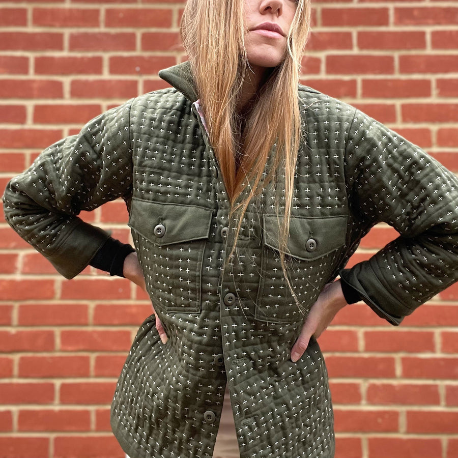 Laura Gostling. Repurposed handmade hand quilted jacket made from vintage army jacket