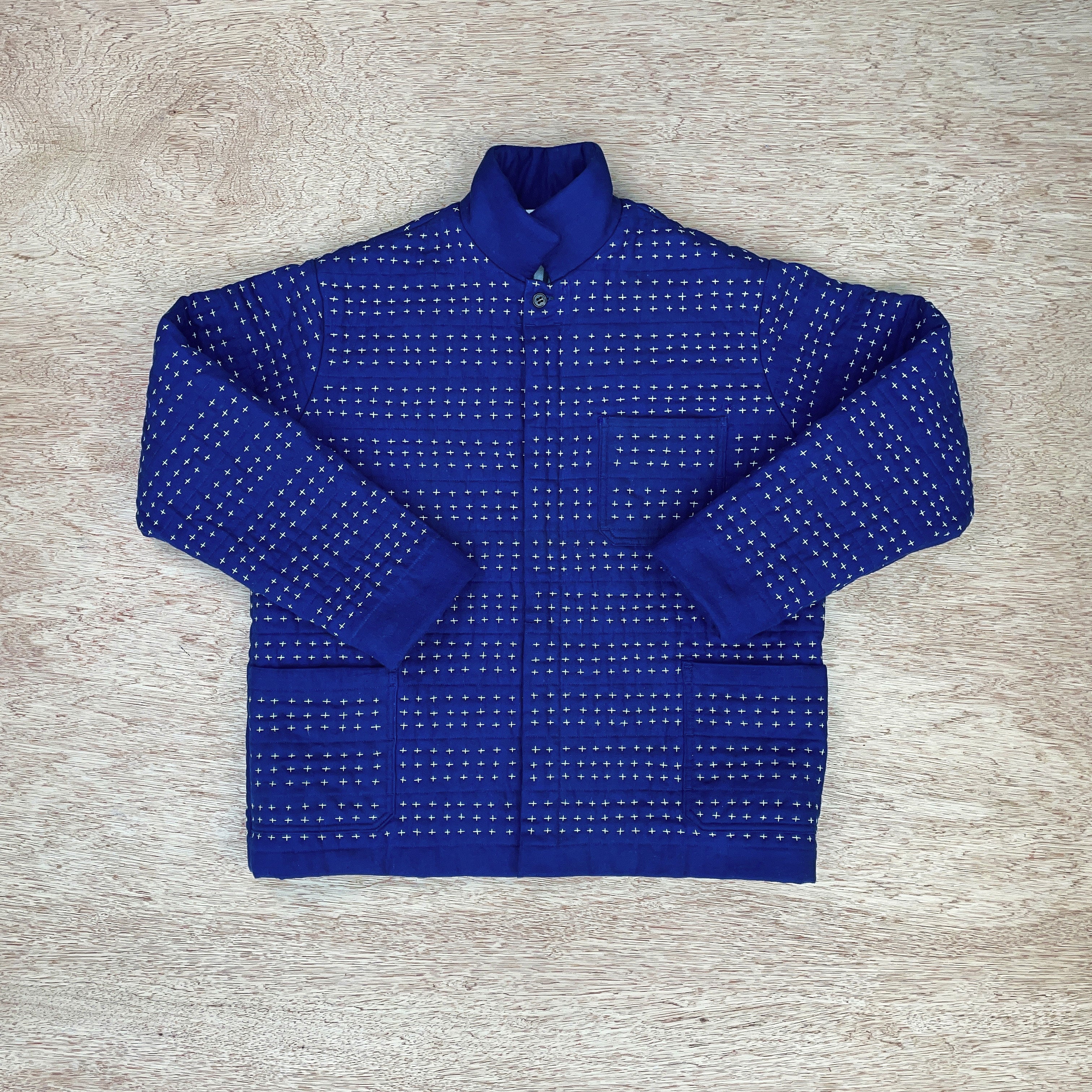 Hand Quilted Vintage Indigo Chore Jacket with surplus army blanket lininga  